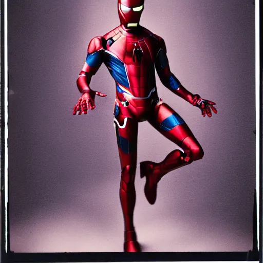 Image similar to a single iron man and spider - man hybrid, dslr, polaroid