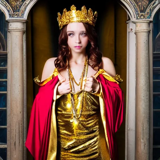 Image similar to a beautiful young female wizard dressed in ornate robes wearing sparkling gold jewelry