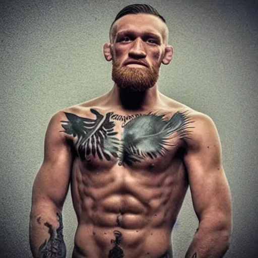 Image similar to “a realistic detailed photo of a guy who is an attractive humanoid who is half robot and half humanoid, who is a male android, boxer Conor McGregor, shiny skin, posing like a statue, blank stare”