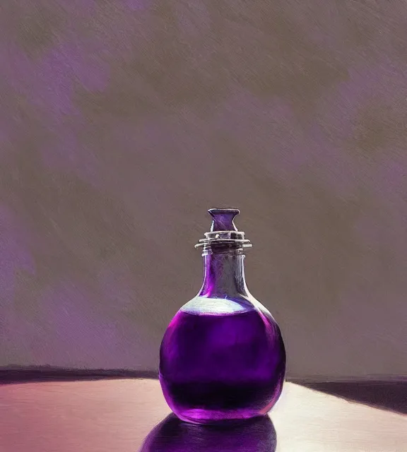 Image similar to a purple potion in a round bottle on a messy brown table, papers, sunlight, window, reflections. by makoto shinkai, stanley artgerm lau, wlop, rossdraws, james jean, andrei riabovitchev, marc simonetti, krenz cushart, sakimichan, d & d trending on artstation, digital art