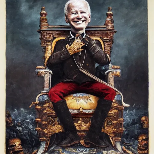 Image similar to Joe Biden sitting on his throne of skulls and smiling, oil on canvas, 1883