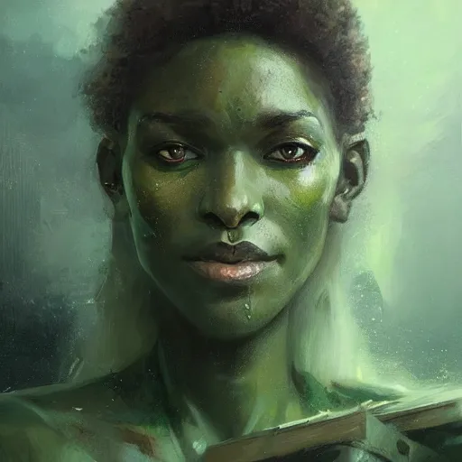 Prompt: A head-on detailed oil fantasy portrait of a black woman with pale green eyes and long white hair by greg rutkowski, trending on artstation, dungeon and dragons art