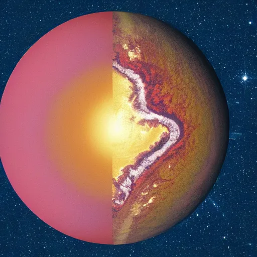 Image similar to a planet in shape of cube, filled with dark red oceans and yellow vegetation, satellite image