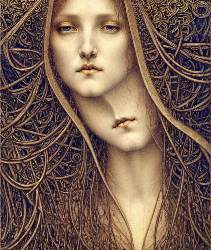 Image similar to detailed realistic beautiful young medieval queen face portrait by jean delville, gustave dore and marco mazzoni, art nouveau, symbolist, visionary, gothic, pre - raphaelite. horizontal symmetry