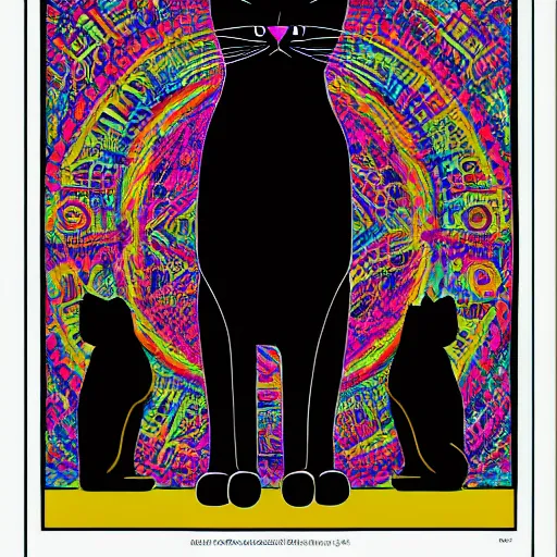 Prompt: dmitri the black cat stalks the exclusion zone lsd poster psychedelic