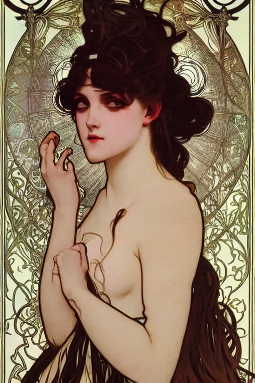 Prompt: A close-up portrait of a cute goth girl by Alphonse Mucha, art nouveau card, wlop, trending on artstation, 8k