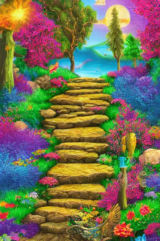 Prompt: stone steps fantasy landscape by lisa frank