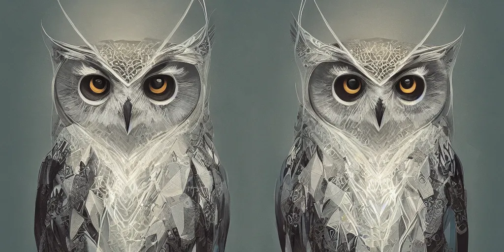 Image similar to portrait of a geometric owl, identical eyes, medium shot, illustration, full body made of white feathers, symmetrical, art stand, super detailed, cinematic lighting, and its detailed and intricate, gorgeous, by peter mohrbacher