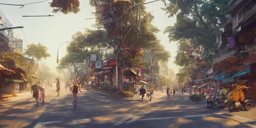 Prompt: an concept art illustration, photorealistic thailand street with large insect biomes, fantasy, ultra realistic, style by dylan cole, trending in artstation, cgsociety, octane render, ultra sharp, unreal engine, digital painting, 8 k