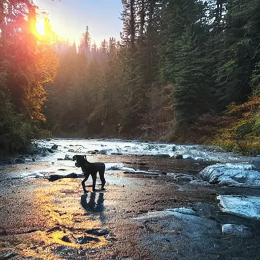 Prompt: a river winding through a magical redwood forest at sunset with a blue boston dynamics robotic dog standing stoically in the foreground