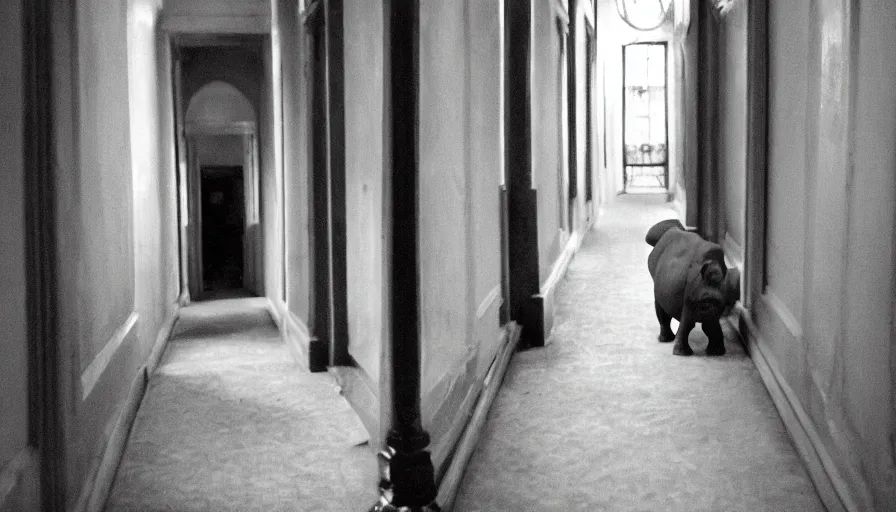 Prompt: a rhinoceros in a stalinist style house corridor, by mini dv camera, very very low quality, heavy grain, very blurry, accidental flash, caught on trail cam