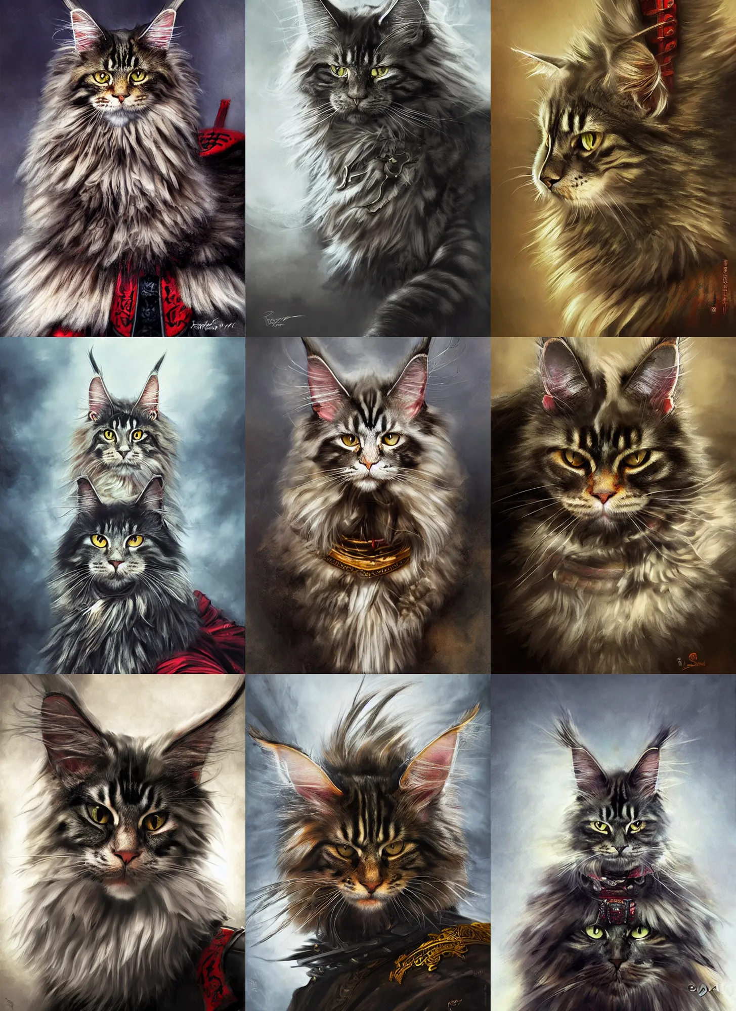 Prompt: Serious looking Maine Coon cat, dressed in Samurai armour, japanese warrior, portrait by Raymond Swanland