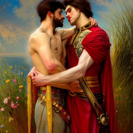 Image similar to attractive fully clothed king confesses his love for his attractive fully clothed male prince. highly detailed painting by gaston bussiere, tom bagshaw, j. c. leyendecker