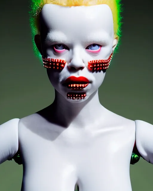 Prompt: symmetrical portrait of an albino woman cyborg wearing a silicone swarovski studded red beauty mask and green hair buns, wearing a black bodysuit armour by alexander mcqueen, cream white background, soft diffused light, biotechnology, humanoid robot, bjork aesthetic, translucent, by rineke dijkstra, intricate details, highly detailed, masterpiece,