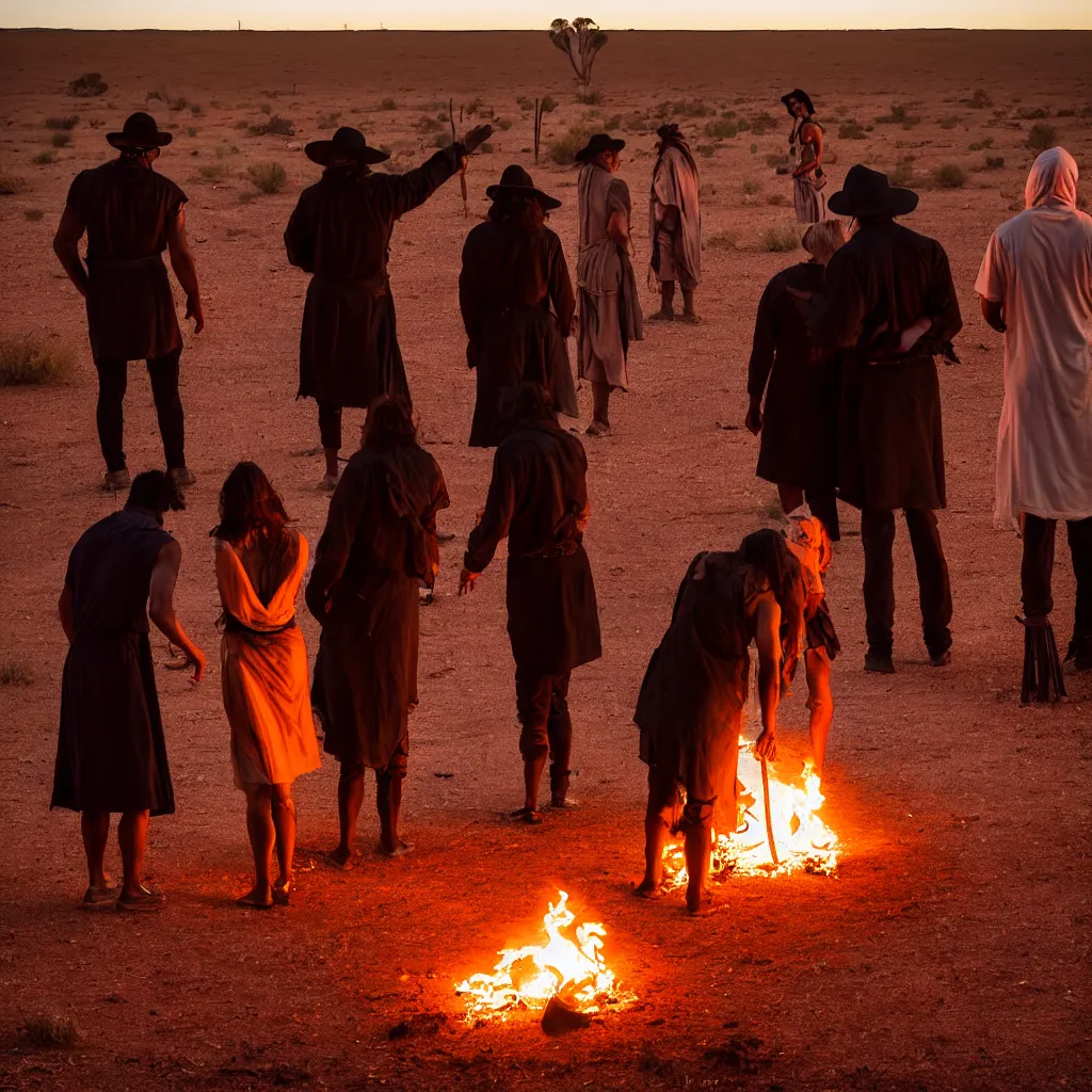 Prompt: atmospheric photograph of three ravers, two men, one woman, woman is in a trenchcoat, blessing the soil at night, seen from behind, people facing fire circle, two aboriginal elders, dancefloor kismet, diverse costumes, clean composition, desert transition area, bonfire, atmospheric night, australian desert, symmetry, sony a 7 r