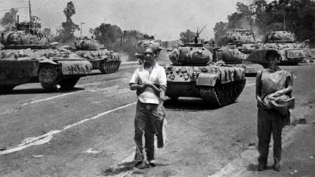 Prompt: old historic photograph with person in white shirt, holding grocery bags, standing alone on the road facing four battle tanks approaching him, intense photo