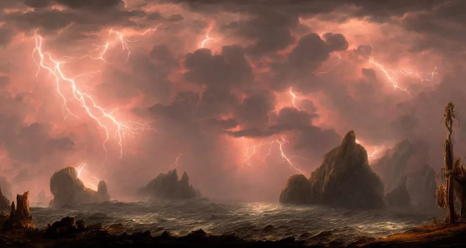 Prompt: eldritch, flying!!! island, windy, by eugene von guerard, ivan shishkin, night, red lightning, storm, dramatic lighting, concept art, trending on artstation, 8 k