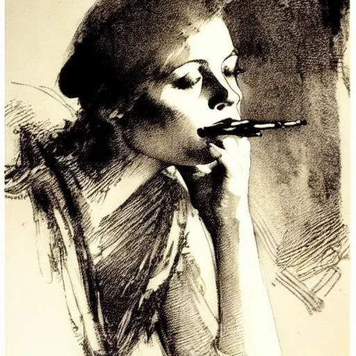 Image similar to anders zorn etching. damsel smoking a long cigarette. ink