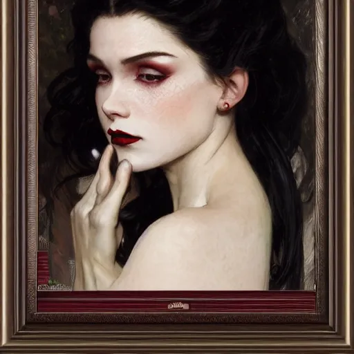 Prompt: portrait of a very beautiful vampire, top half of body, pensive expression, by Stanley Artgerm Lau, greg rutkowski, thomas kindkade, alphonse mucha, loish, norman rockwell, J. C. Leyendecker. dark black hair, pale skin, detailed eyes, red lips. framed by black flowers. dark, scary, eldritch horror. rule of thirds extremely detailed illustration hd 4k