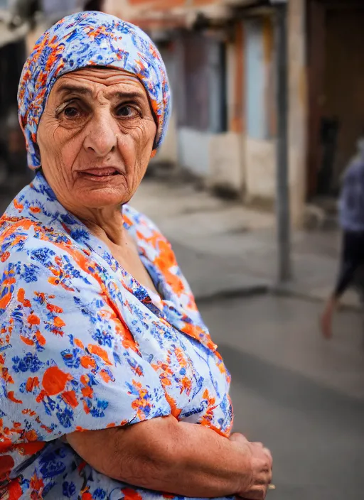 Image similar to Mid-shot portrait of a 60-year-old woman from Cyprus, happy, strong blue and orange colors, candid street portrait in the style of Martin Schoeller award winning, Sony a7R