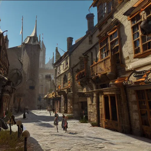 Prompt: detailed medieval fantasy streets with people walking around, unreal engine 5 rendered, incredibly highly detailed and realistic, 8 k, sharp focus, studio quality