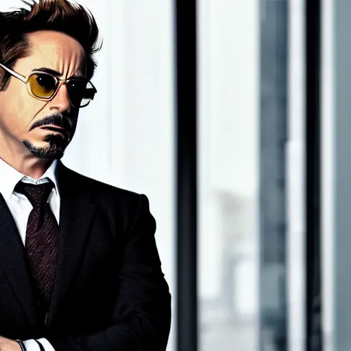 Prompt: Robert Downey Jr. with a very tired and tired face rolls his eyes, in a business black suit crossed his arms, stands indoors, the background is blurred, focus in the foreground, realism, details,