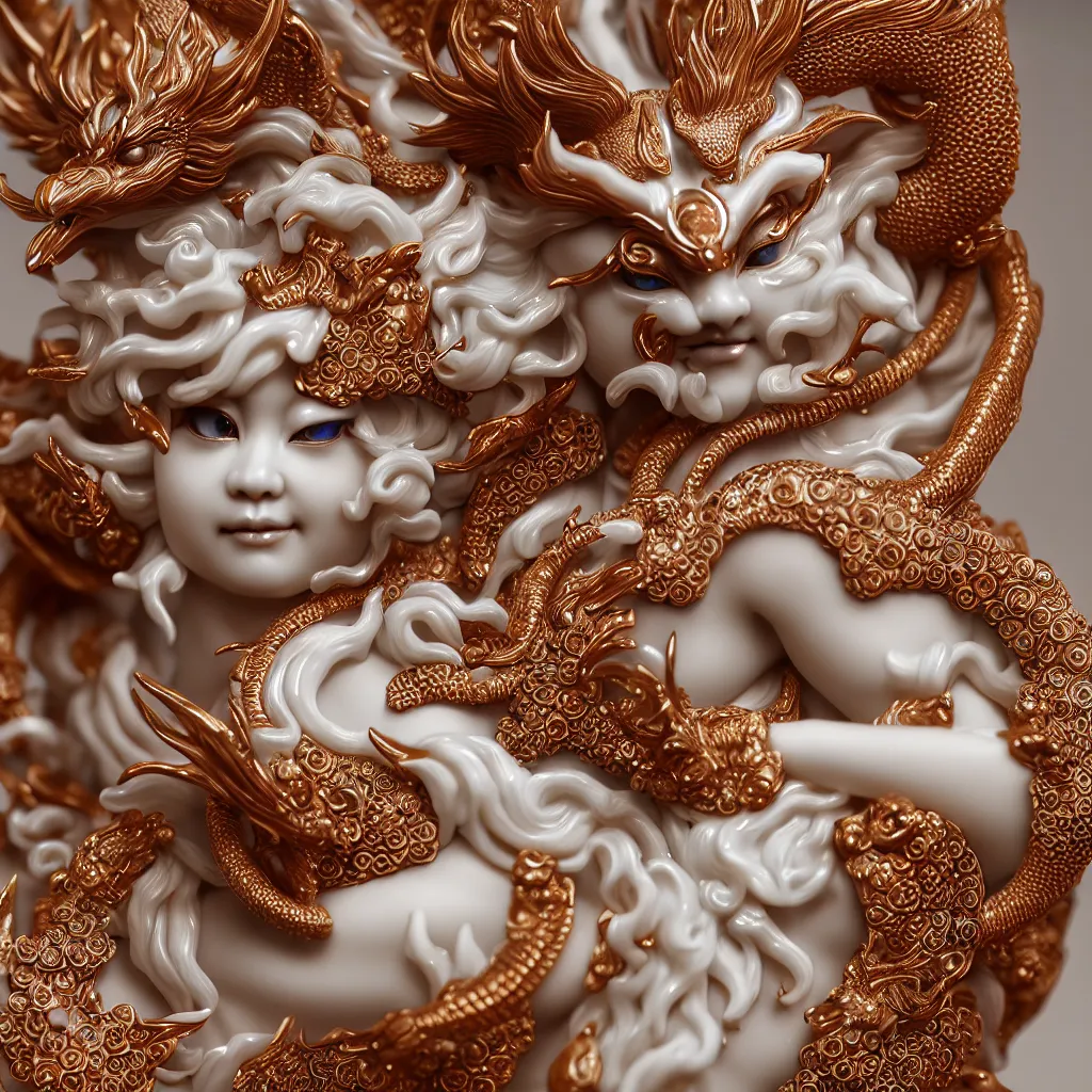 Image similar to a closeup photo - real delicate ceramic porcelain sculpture of an ornate detailed kitsune in front of a intricate background by davinci, micro detail, backlit lighting, subsurface scattering, translucent, thin porcelain, octane renderer, colorful, physically based rendering, trending on cgsociety