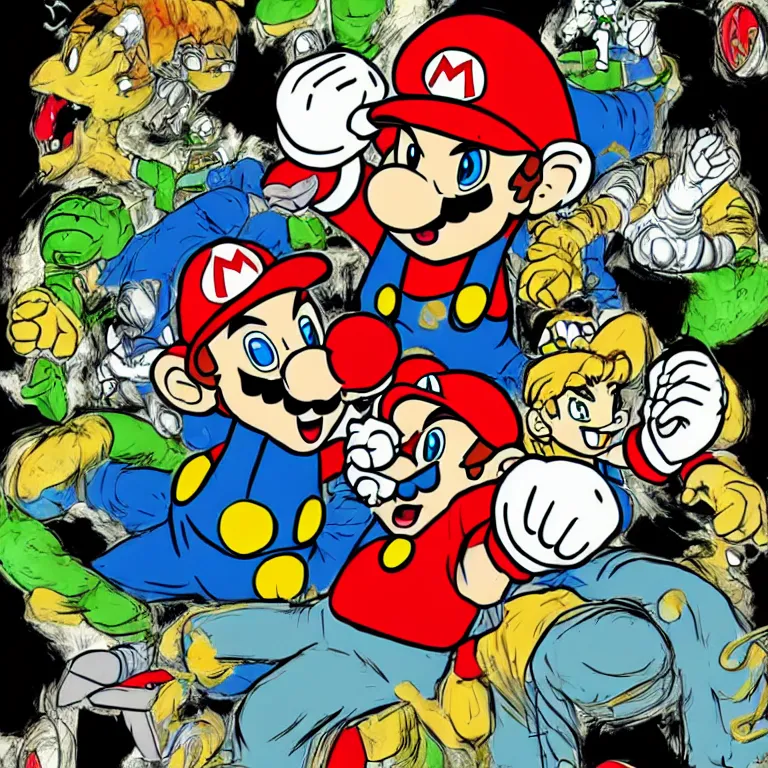 Prompt: Mario fighting Bowser in the style of Junji Ito