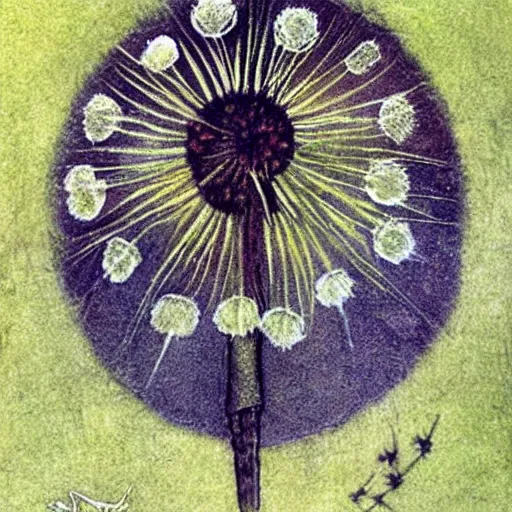 Image similar to a beautiful fairytale painting of a dandelion seed that is also a fairy. the dandelion seed is the body of the fairy. beautiful clear painting by arthur rackham