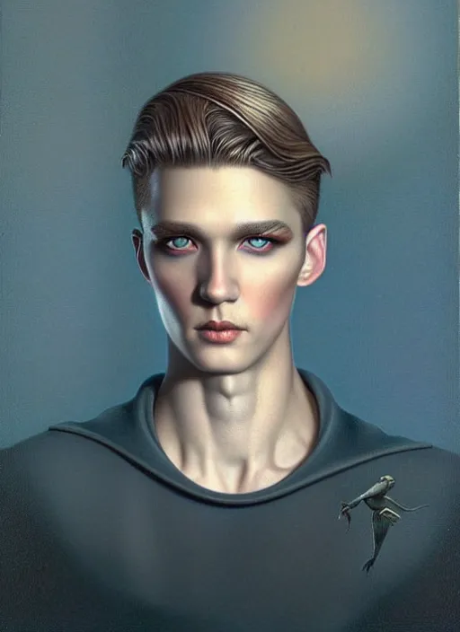 Prompt: an unnerving portrait of a male with beautiful blue eyes and short blond hair, art tom bagshaw