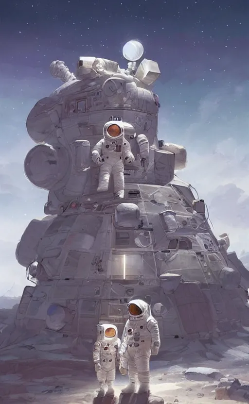 Image similar to a beautiful artwork illustration, astronauts with flashlights stand in front of a giant obsidian building on the moon, by greg rutkowski and jesper ejsing and raymond swanland, featured on artstation, wide angle, vertical orientation