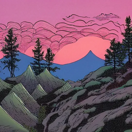 Image similar to forest with mountains in background by moebius