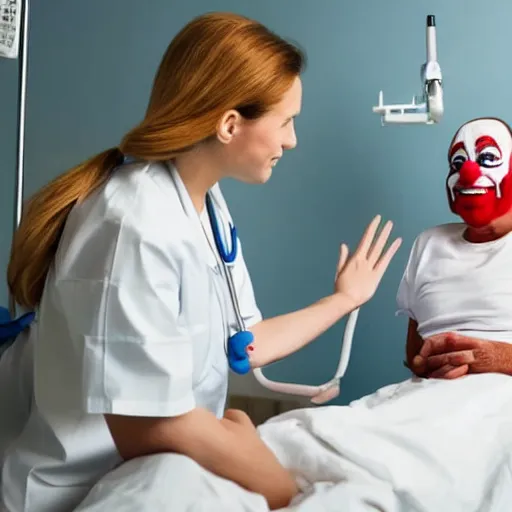 Image similar to nurse taking care of a patient who is a clown who is in restraints in a hospital bed