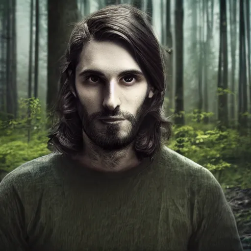 Prompt: a long, dark haired man, 2 8 years old, five o'clock shadow casually dressed, cinematic, gloomy forest background, realistic, digital art, character art, 8 k