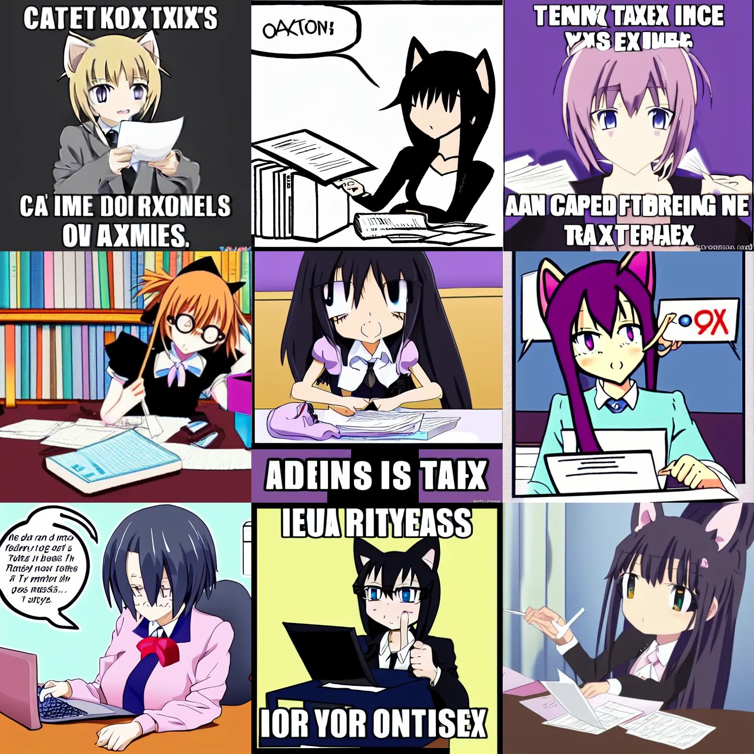 Prompt: catgirl doing taxes, anime style