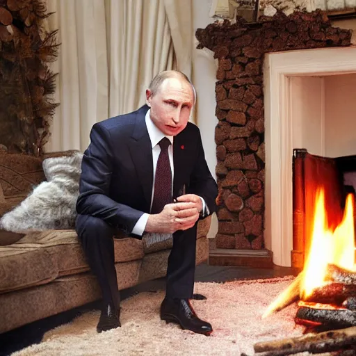 Image similar to vladimir putin looking at a log fire photograph, nikon lighting effect dof