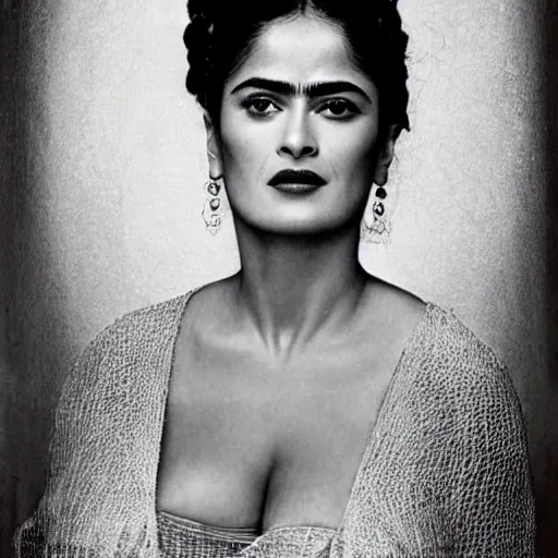 Image similar to salma hayek portrait, style by frida kahlo, art deco, portrait,