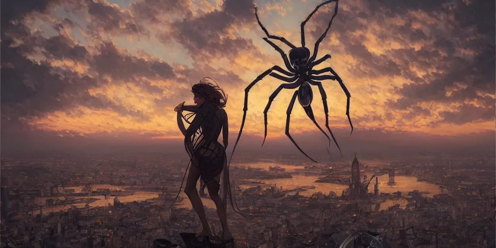 Image similar to giant spider, london is a pure wasteland, sunset in background, muted colours, alphonse mucha, greg rutkowski, trending on artstation, artgerm, breathtaking, sharp focus, smooth, mark arian, award winning, highly detailed 4 k art