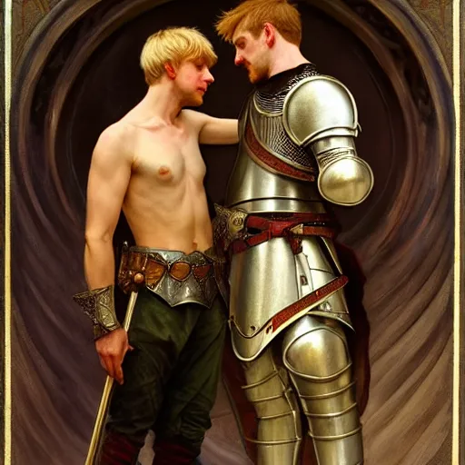 Image similar to attractive arthur pendragon and his attractive male knight, they are in love, natural lighting, path traced, highly detailed, high quality, digital painting, by gaston bussiere, craig mullins, alphonse mucha j. c. leyendecker