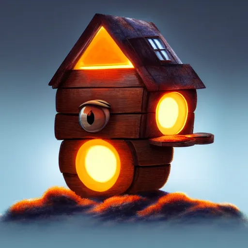 Prompt: a walking cute wood house with two mechanical legs and two glowing eyes and a mouth, rust, hyperrealistic, pareidolia, highly detailed, cinematic, single ray of sun, fog, beautiful, cgssociety, artstation, 8 k, oil painting