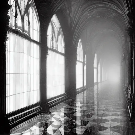 Prompt: a long hallway of mirrors. victorian interior, with many mirrors, spiders and spiderwebs everywhere, elegant design, haunting atmosphere, dark lighting, gothic, horror style, scary, swirling fog, volumetric lighting, by greg rutkowski, dutch angle,