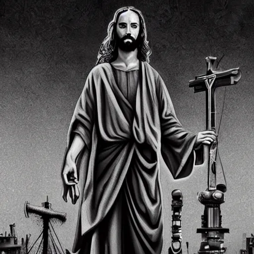 Prompt: steampunk Jesus, highly detailed, black and white matte painting