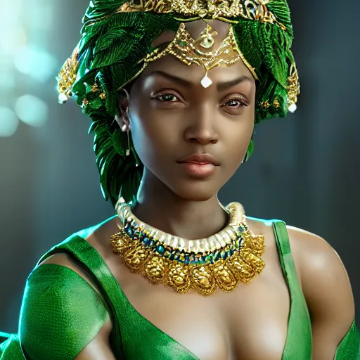 Image similar to photograph of wonderful princess with smooth dark skin, green jewelry, breathtaking, elegant, ornate, intricate, hyper detailed, accent lighting, dramatic light, 4 k octane render