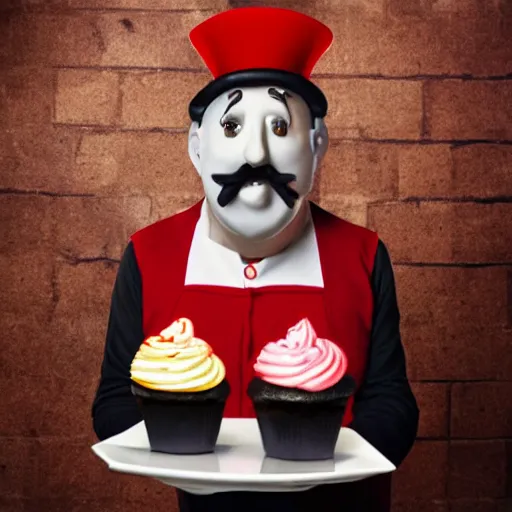 Prompt: Paul Hollywood as the hamburglar, holding a plate of small cupcakes, sad expression, artistic render, octane render, soft lighting, detailed, portrait, 4k resolution