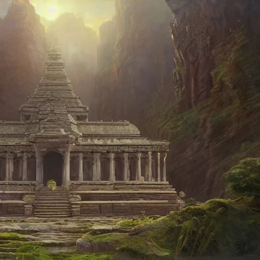 Prompt: beautiful matte render of a old temple by Andreas Rocha, Charles Perry, zack snyder, Dan Mumford and Albert Bierstadt, Trending on Deviantart ,intricate, rectilinear, ultrawide, 8K Resolution, digital art.