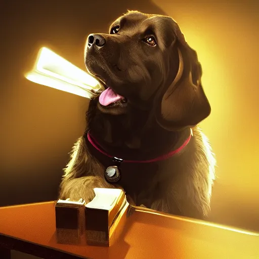 Image similar to a dog wearing a business suit smoking a cigar, dramatic lighting, cinematic, establishing shot, extremly high detail, photorealistic, cinematic lighting, concept art, artstation, style by greg rutkowsky