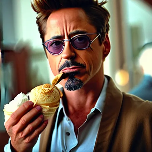 Image similar to a full portrait photo of robert downey jr eating ice cream in movie iron man, f / 2 2, 3 5 mm, 2 7 0 0 k, lighting, perfect faces, award winning photography.