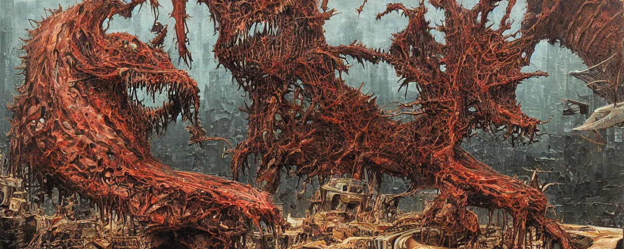 Prompt: oil painting of macerated fanged vehicle destroyed and rusted, digested by dead kaiju claustrophobic, hyper detailed, terrifying horror book jacket illustration baked 6 0 0 f by wayne d barlowe, geof darrow