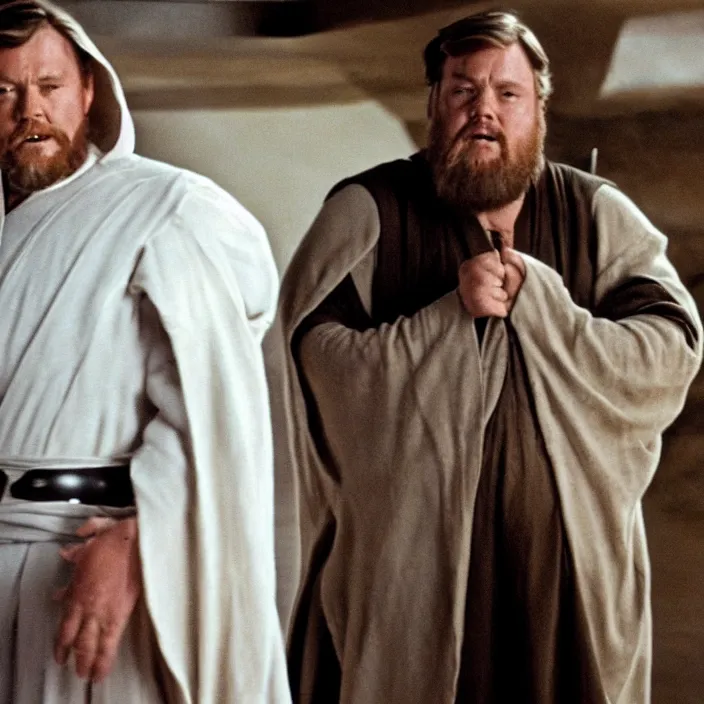 Image similar to obi wan kenobi but obese!! and overweight, photoralistic rendering, movie still, screenshot, hyperdetailed