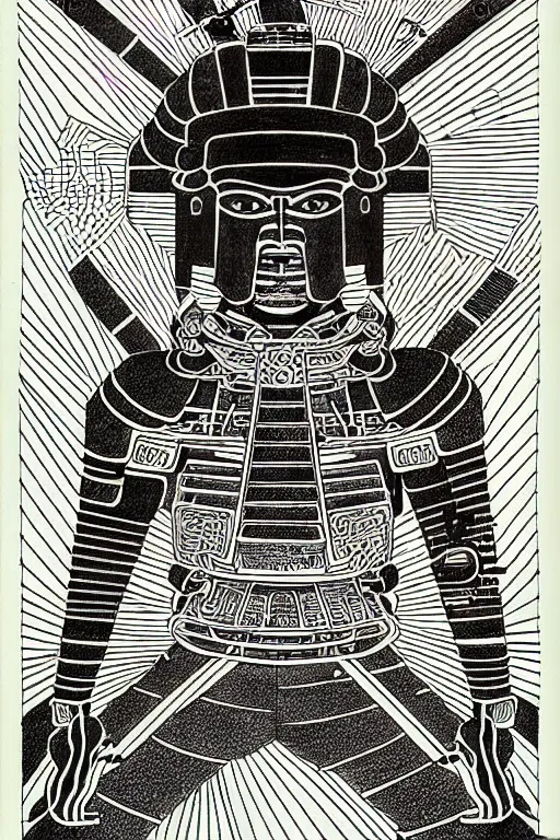 Image similar to a black and white drawing of an ancient future japanese temple samurai, a detailed mixed media collage by hiroki tsukuda and eduardo paolozzi and moebius, intricate linework, sketchbook psychedelic doodle comic drawing, geometric, street art, polycount, deconstructivism, matte drawing, academic art, constructivism